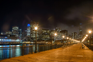 Night view of Pier seven and San Francisco financial district skyline