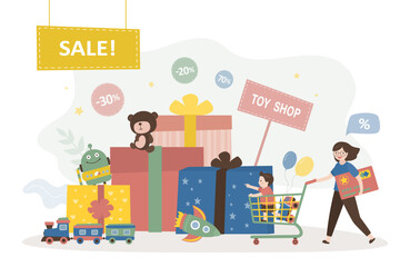 Funny characters is pushing shopping cart in toy shop. Flash sale, discounts. Cute son and mother bought lot of various cheap toys. Family in supermarket. Gift boxes, toys, gifts and presents