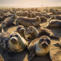 Fototapeta premium Happy Seals laying in a Group at the Beach