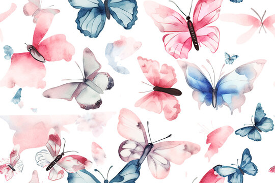 Generative AI illustration. Seamless watercolor pattern with pink purple lavender purple butterflies. Elegant vintage design for fabric.