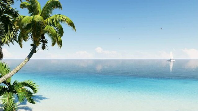 4K Ultra HD. Blue ocean sand beach nature tropical palms Island. Hotel beach. 3d animation. Landscape Island. Palms turquoise sea background Atlantic ocean.  