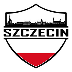 Szczecin Poland Skyline Silhouette Sunset Travel Souvenir Sticker Logo Badge Stamp Emblem Coat of Arms Vector Illustration SVG - obrazy, fototapety, plakaty