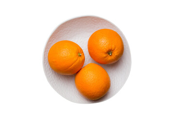Flat lay of Fresh orange fruit with sliced in plate isolated on white background. Top view with copy space