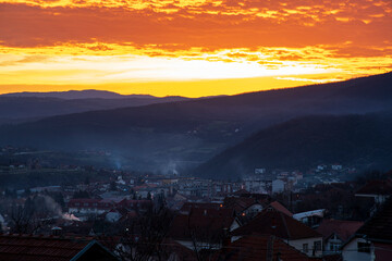 Sunrise over the small city