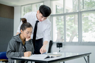 University students study hard and listen to teachers for their lessons with special lectures in the columns of math class