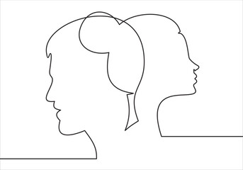 beautiful woman and man face profiles in one, relationship concept on white.continuous stylized modern drawing.
