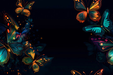 Generative AI illustration. Seamless watercolor pattern with dark neon butterflies. Elegant vintage design for fabric.