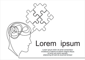 Mental health problem, psychology and business education concept. Vector one line art illustration. Human head profile with jigsaw puzzle by continous line