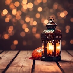 Fototapeta na wymiar Ramadan kareem Lantern with Colorful Light Glowing at Night and Glittering with Bokeh Lights, Ornamental Arabic lantern with burning candle, generative ai