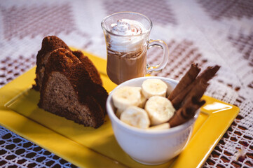 cake, coffee and bananas
