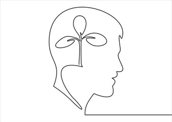 Plant leaves seed grow in brain concept. Continuous one line drawing of human head with a plant inside. Think green.