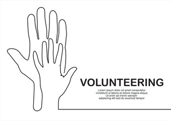 Continuous one line drawing of volunteering hands. Illustration with quote template. Can used for logo, emblem, slide show and banner.