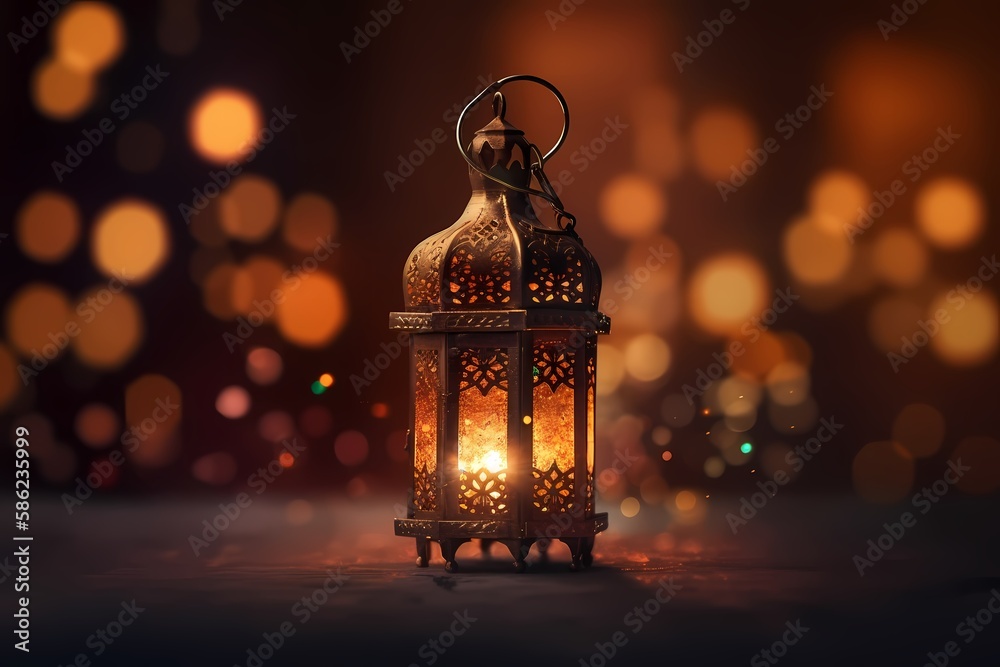 Wall mural ramadan kareem lantern with colorful light glowing at night and glittering with bokeh lights, orname