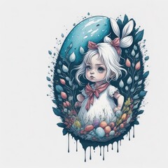 A painting of a bunny and a blue easter egg. Generative AI