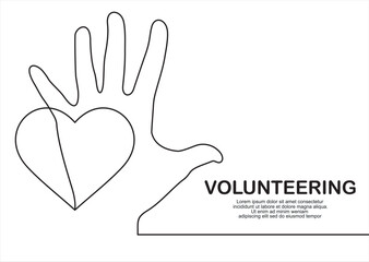Obraz premium Continuous one line drawing of volunteering hands. Illustration with quote template. Can used for logo, emblem, slide show and banner.