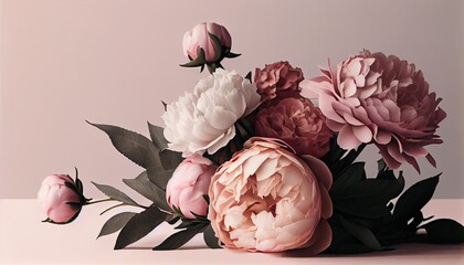 Fresh bunch of pink peonies and roses with copy space