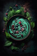 Mint Smoothie bowl with berries and chocolate. Generative AI