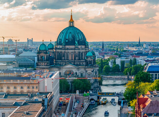 Berlin Cathedral (Berliner Dom) on Museum island and Spree river at sunset, Germany