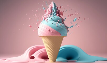 Get a taste of this delicious melting ice cream cone with blue-pink colors and sprinkles, 3D-render. Generative AI.