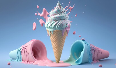 Sweet and delightful blue-pink ice cream cone with sprinkles, 3D-render on a clean background. Generative AI.	