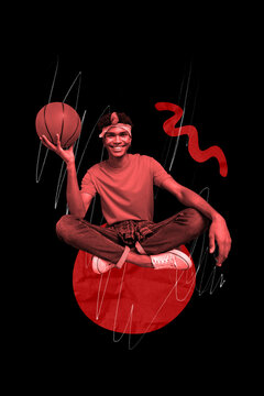 Creative minimal photo collage of smiling optimistic young guy sportsman hold basketball hobby play game isolated over black painted background