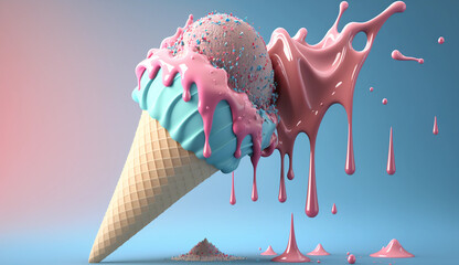 A vibrant blue-pink ice cream cone with rainbow sprinkles, 3D-render on a clean background. Generative AI.