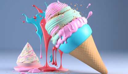 A colorful blue-pink ice cream cone with sprinkles, 3D-render on a clean background, perfect for dessert-themed designs. Generative AI.
