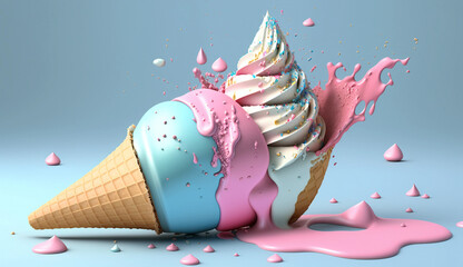 Blue-pink ice cream cone with rainbow sprinkles, 3D-render on a clean background, perfect for advertising and promotion. Generative AI.