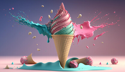 Melting blue-pink ice cream cone with colorful sprinkles, 3D-render on a clean background. Generative AI.