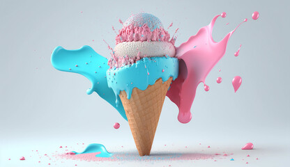 A tempting blue-pink ice cream cone with sprinkles, 3D-render isolated on a white background. Generative AI.