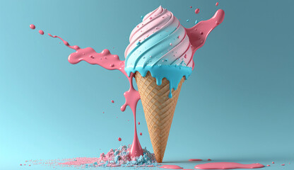 A summery blue-pink ice cream cone with rainbow sprinkles, 3D-render on a clean background, perfect for seasonal designs. Generative AI.