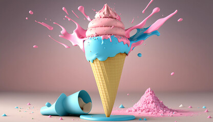 Get your hands on this delicious blue-pink ice cream cone with sprinkles, 3D-render against a white background. Generative AI.