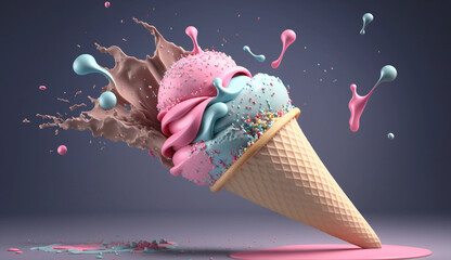 Satisfy your cravings with this blue-pink ice cream cone with sprinkles, 3D-render against a white background. Generative AI.