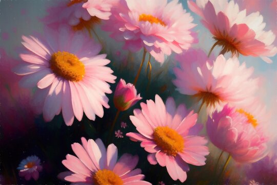 A closeup painting of pink daisies