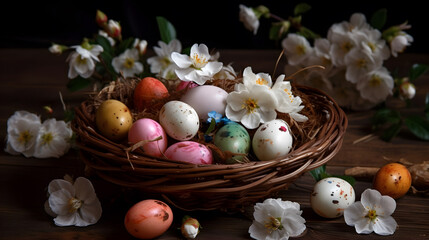 Obraz na płótnie Canvas Painted easter eggs in the bird’s nest and blossoms. Concept of happy easter day.