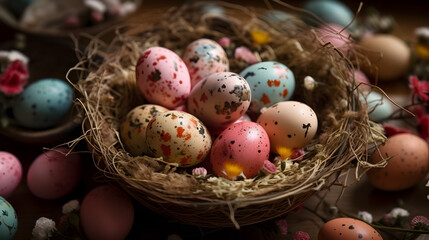 Painted easter eggs in the bird’s nest and blossoms. Concept of happy easter day.