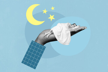 Creative poster banner collage of sleepy young lady lying human hand enjoy comfort night sleep