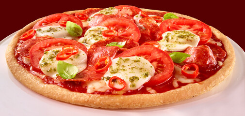 Pizza mit Salami Mozzarella und Chili und Tomaten