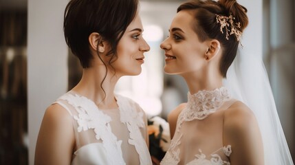 Two brides in love, wearing a bridal dress, looking at each other 