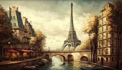 Zelfklevend Fotobehang Oil painting of Eeiffel tower, France, art work. Generative AI © AIproduction