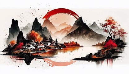 Landscape with lake and mountains. Generative AI