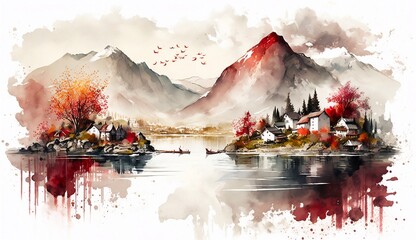 Beautiful landscape with lake and mountains, small village, red accents. Generative AI