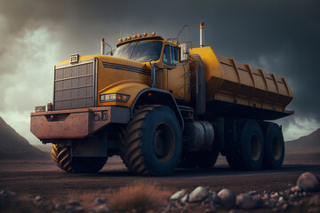 Large quarry dump truck. Loading the rock in dumper. Generative AI