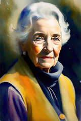 Colorful painted portrait of an old lady with flowers. Generative AI