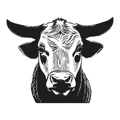 Bull s head full face. Brutal look. Hand drawn in graphic black and white style. Vintage vector graphics for posters and social media. Logo, poster for advertising, milk packaging.