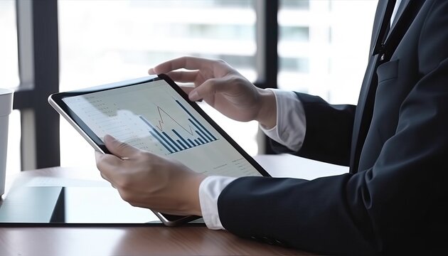 Businessman holding digital tablet with data growth graph and progress of business and analyzing financial and investment information, business planning and strategy on blue background