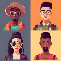 Stylish people in deversity. colorful cartoon avatar. Generative ai