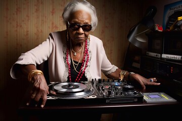 A funky dressed happy modern senior grey hair woman with sunglasses and headphones is having fun to listen to the music. Generative AI