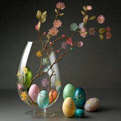Abstract Easter Decoration With Glass Eggs and Paper Flowers Made With Generative AI 