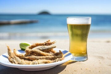 Fried breaded anchovies with lime, tropical brazilian food, negative space (manjuba and pititinga)